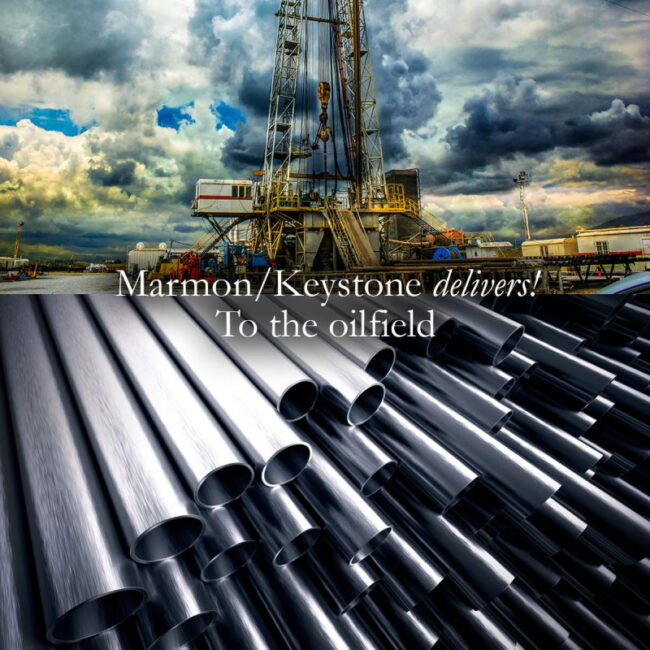 post-1-10 Marmon Keystone Rows of metal pipes are shown in the foreground with an oil drilling rig under a cloudy sky in the background. Text over the image reads, "Marmon/Keystone delivers! Your trusted metals distributor to the oilfield.